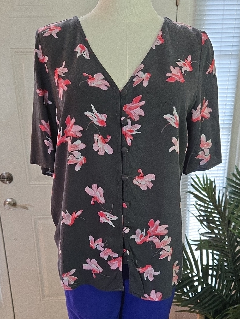 Joules Charcoal Blouse with Pink Floral Print